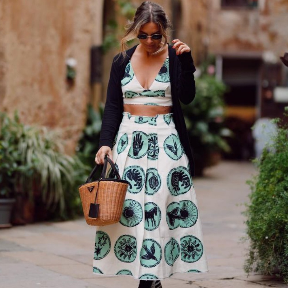 NWT Zara 2 Piece Printed Crop Top & Printed Box Pleaded Skirt Set ZW Collection